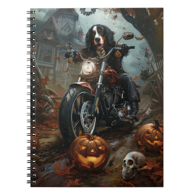 Caderno Espiral Bernese Mountain Riding Motorcycle Halloween Scary (Frente)