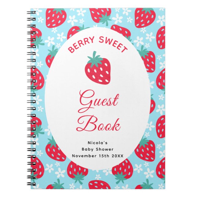 Caderno Espiral Berry Sweet Blue Strawberry Baby Shower Guest Book (Frente)