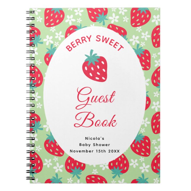 Caderno Espiral Berry Sweet Green Strawberry Baby Shower Guest Boo (Frente)