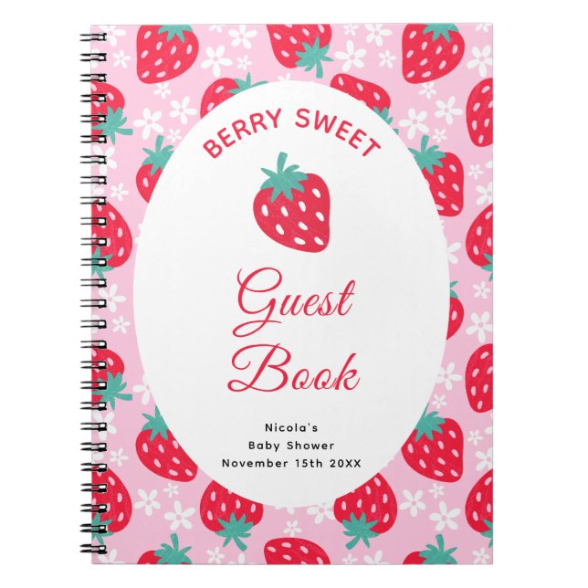 Caderno Espiral Berry Sweet Pink Strawberry Baby Shower Guest Book (Frente)