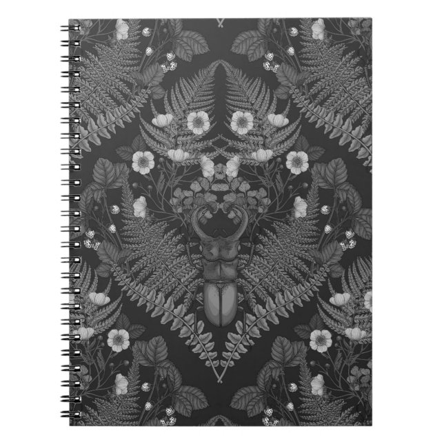 Caderno Espiral Besouro e samambaias, a preto e branco (Frente)