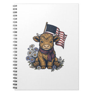 Caderno Espiral Bezerro Highland Patriótico com Bandeira Vetor Vin