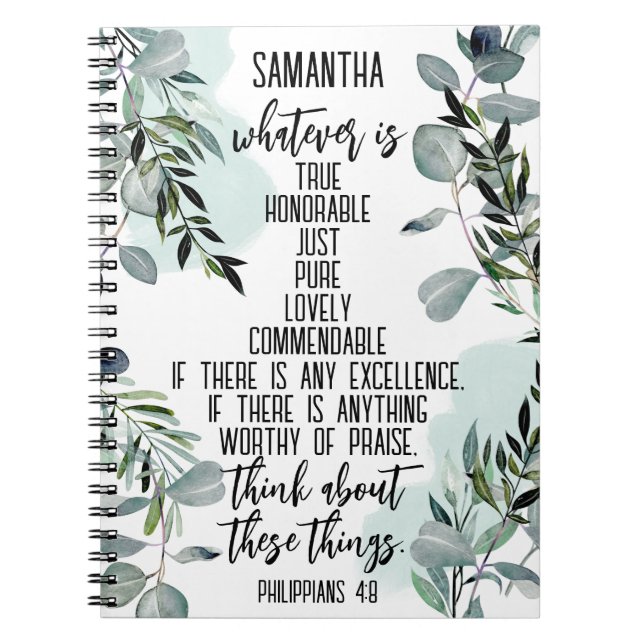 Caderno Espiral Bíblia Cristã Verse Philippians 4 8 Eucalyptus (Frente)