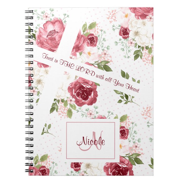 Caderno Espiral Bíblia Cristã Verse Rosa Floral Nome Monograma (Frente)