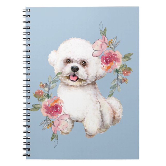 Caderno Espiral Bichon Bonito com Flores, Aquarela (Frente)