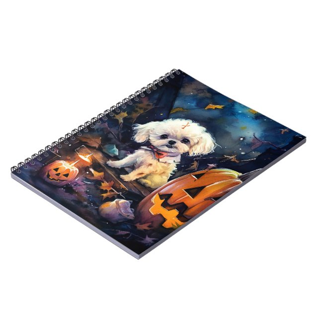 Caderno Espiral Bichon Frise de Halloween com Abóboras Assustadora (Left Side)