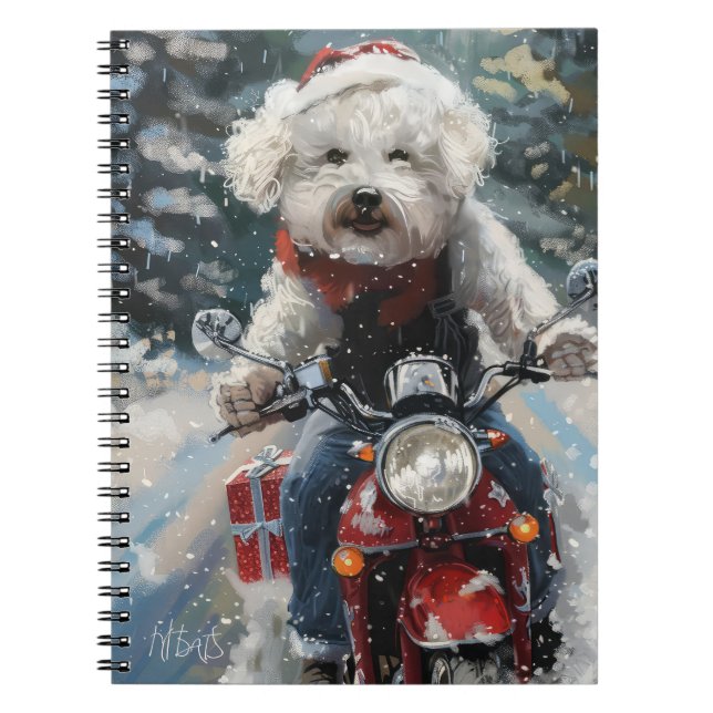 Caderno Espiral Bichon Frise Dog Andando Moto Natal (Frente)