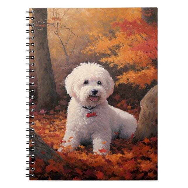 Caderno Espiral Bichon Frise nas Folhas do outono Cai Inspire (Frente)