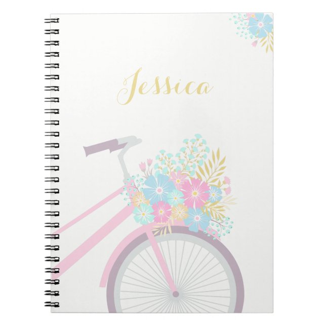 Caderno Espiral Bicicleta de Flor Monograma (80 Páginas B&W) (Frente)