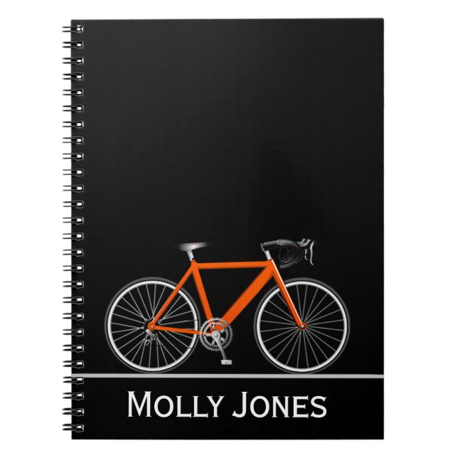 Caderno Espiral Bicicleta Laranja com Nome em Preto (Frente)
