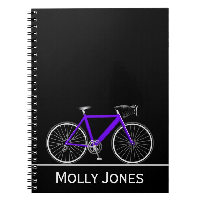Caderno Espiral Bicicleta Roxa com Nome em Preto (Frente)