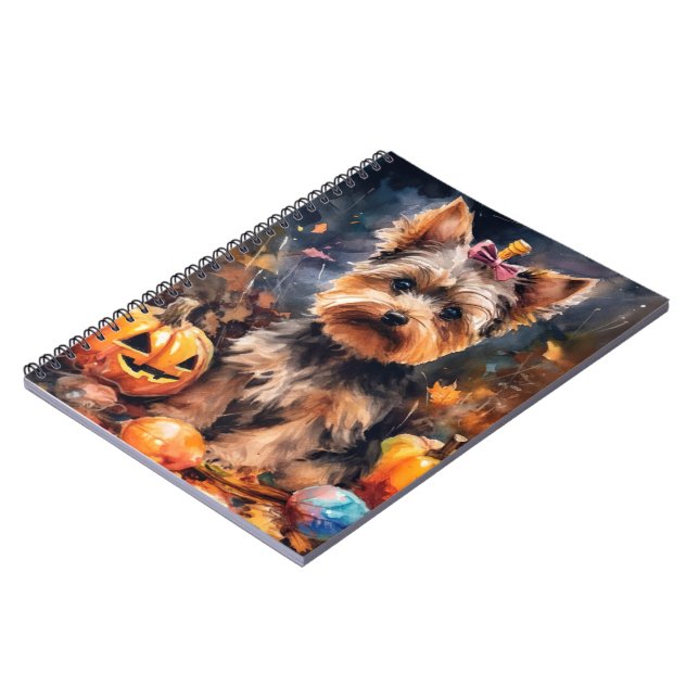 Caderno Espiral Biewer Terrier de Halloween com Abóboras Assustado (Left Side)