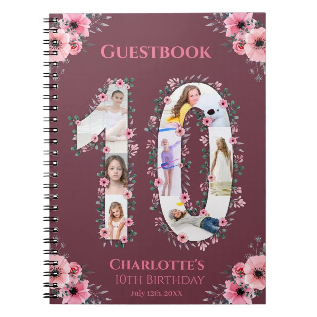 Caderno Espiral Big 10th Birthday Girl Photo Pink Flower Guestbook (Frente)