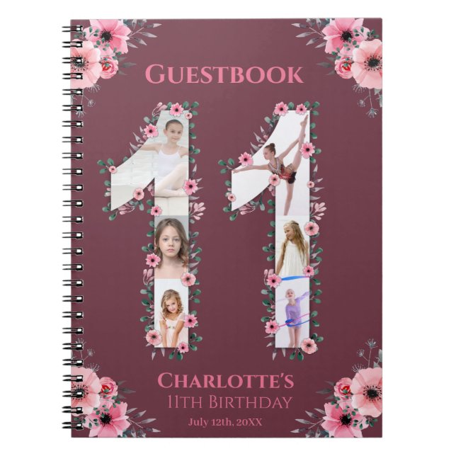 Caderno Espiral Big 11th Birthday Girl Photo Pink Flower Guestbook (Frente)