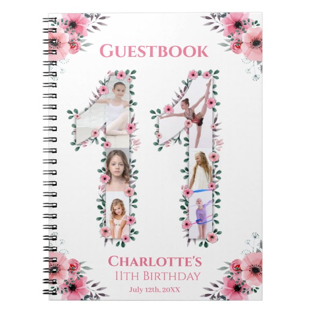 Caderno Espiral Big 11th Birthday Girl Photo Pink Flower Guestbook (Frente)
