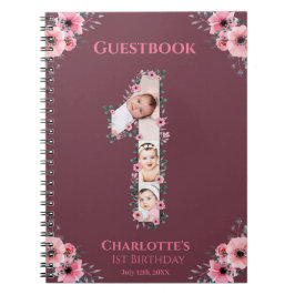 Caderno Espiral Big 1st Birthday Girl Photo Pink Flower Guest Book