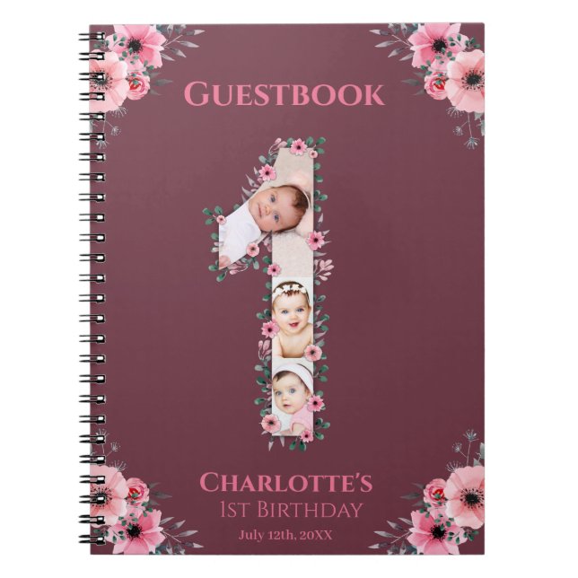 Caderno Espiral Big 1st Birthday Girl Photo Pink Flower Guest Book (Frente)