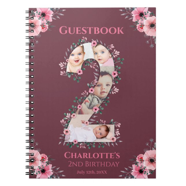 Caderno Espiral Big 2nd Birthday Girl Photo Pink Flower Guest Book (Frente)