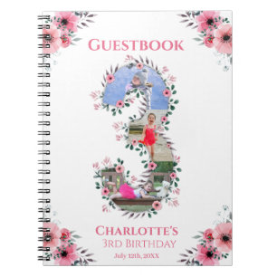 Caderno Espiral Big 3rd Birthday Girl Photo Pink Flower Guest Book