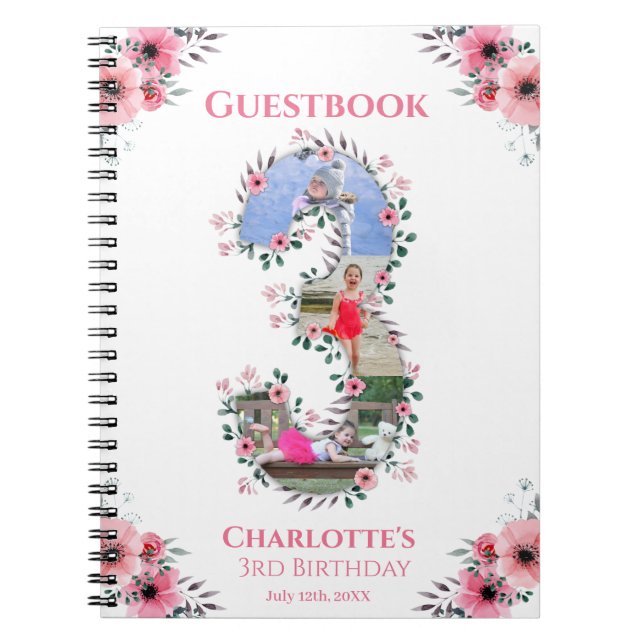 Caderno Espiral Big 3rd Birthday Girl Photo Pink Flower Guest Book (Frente)