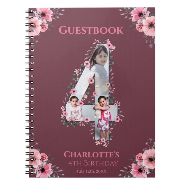 Caderno Espiral Big 4th Birthday Girl Photo Pink Flower Guest Book (Frente)