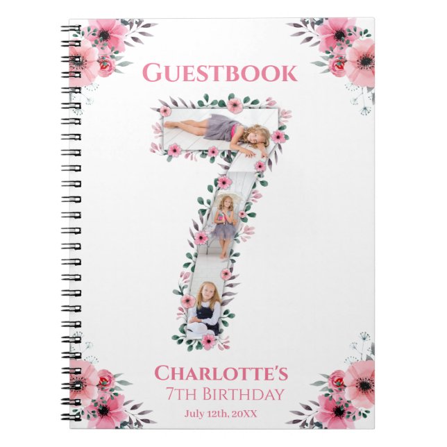 Caderno Espiral Big 7th Birthday Girl Photo Pink Flower Guest Book (Frente)