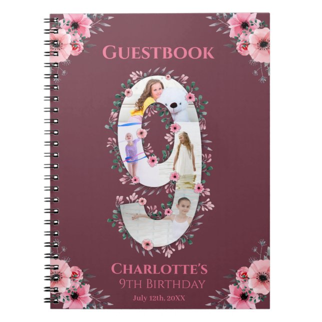 Caderno Espiral Big 9th Birthday Girl Photo Pink Flower Guest Book (Frente)