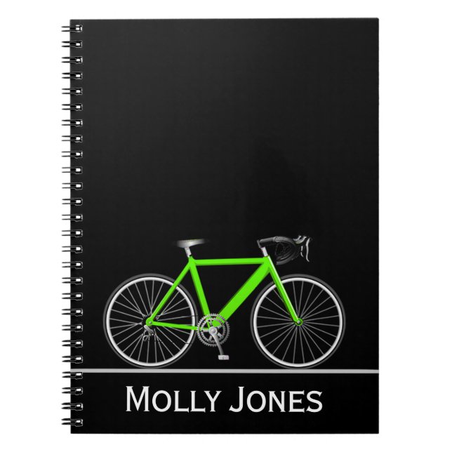 Caderno Espiral Bike Verde com Nome em Preto (Frente)