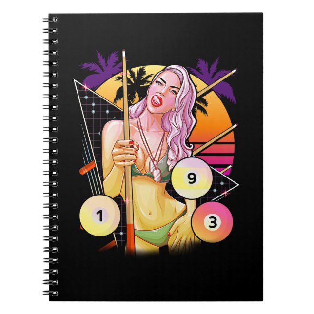 Caderno Espiral Billiard Girl Vaporwave 80s 90s Piscina Snooker (Frente)