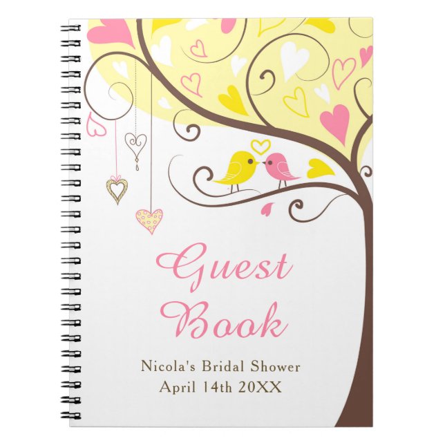 Caderno Espiral Birds Hearts Tree Yellow and Coral Bridal Shower (Frente)