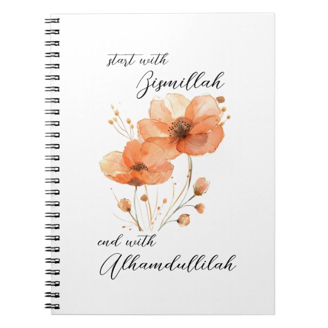 Caderno Espiral Bismillah Alhamdullilah Orange Floral (Frente)