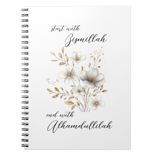 Caderno Espiral Bismillah Alhamdullilah White Gold Floral (Frente)