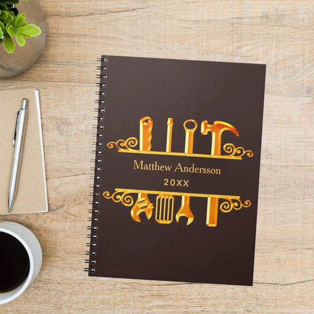 Caderno Espiral Bistre marrom gold tools home para reparação de ca (Criador carregado)