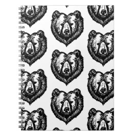 Caderno Espiral Black and White Bear's Face Ink Drawing