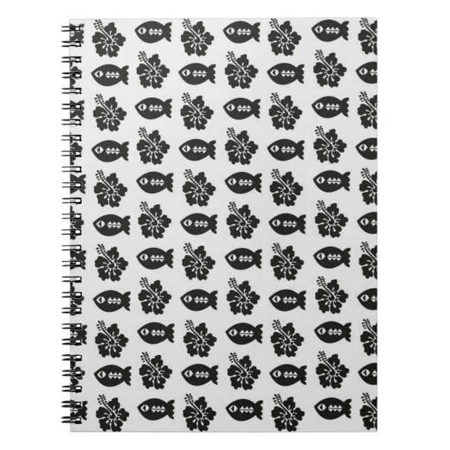 Caderno Espiral Black and White Tiki Fish and Flower Pattern (Frente)