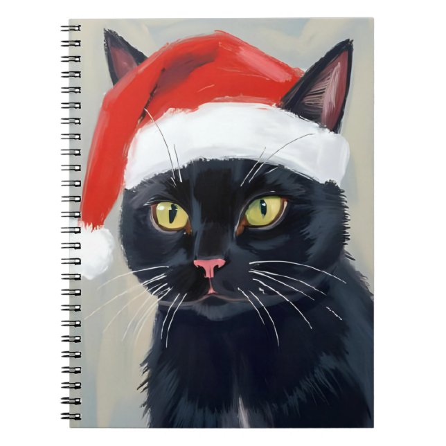Caderno Espiral Black Cat | Christmas Painting Santa Hat (Frente)