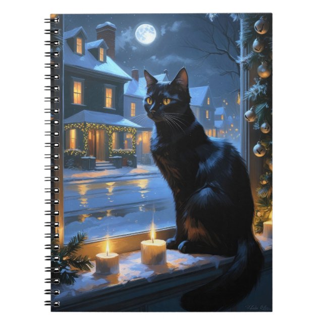 Caderno Espiral Black Cat With Christmas Lights Holiday (Frente)