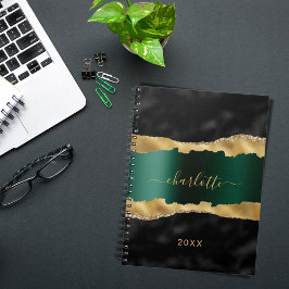 Caderno Espiral Black emerald green gold agate marble name script