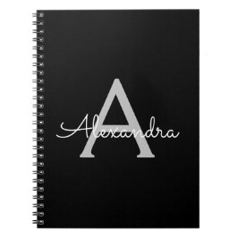 Caderno Espiral Black Silver Modern Script Girly Monographic Name