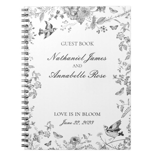 Caderno Espiral Black Toile De Jouy Floral Wedding Guest Book (Frente)
