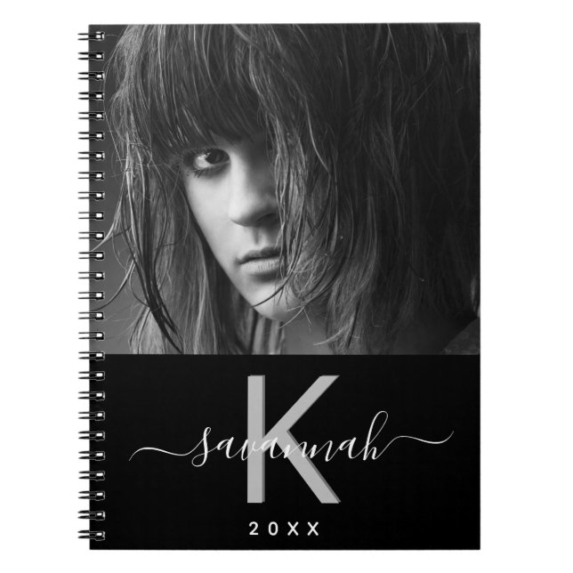 Caderno Espiral Black white monogram script photo (Frente)