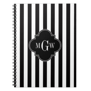 Caderno Espiral Black White Stripe Black Quatrefoil 3 Monograma