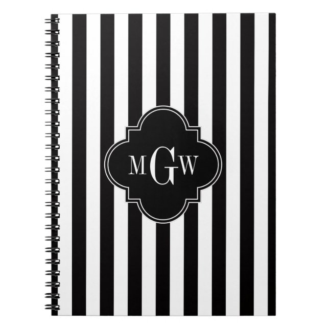 Caderno Espiral Black White Stripe Black Quatrefoil 3 Monograma (Frente)