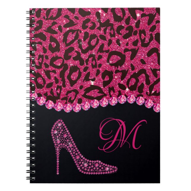 Caderno Espiral Bling Sparkle Diamond Glitter Leopard Rosa (Frente)