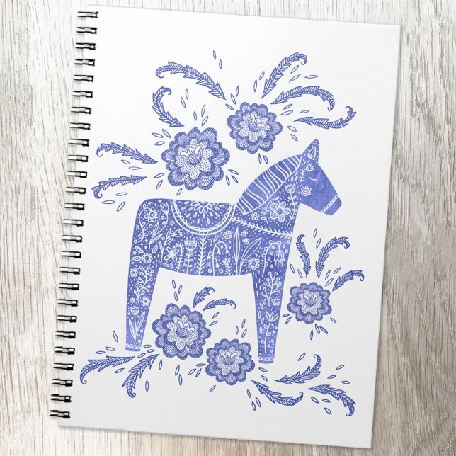 Caderno Espiral Bloco de Anotações de Dala Horse Azul e Branco (Swedish Dala Horse blue and white Scandinavian style notebook)