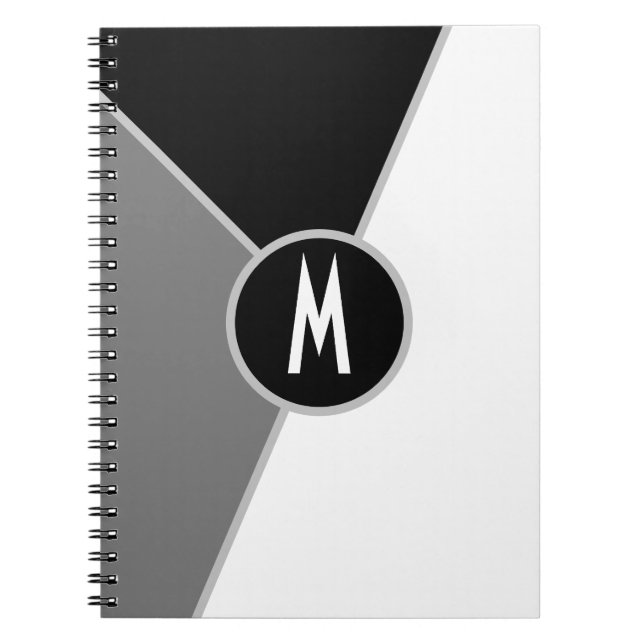 Caderno Espiral Bloco de cor monocromática branco e preto monogram (Frente)