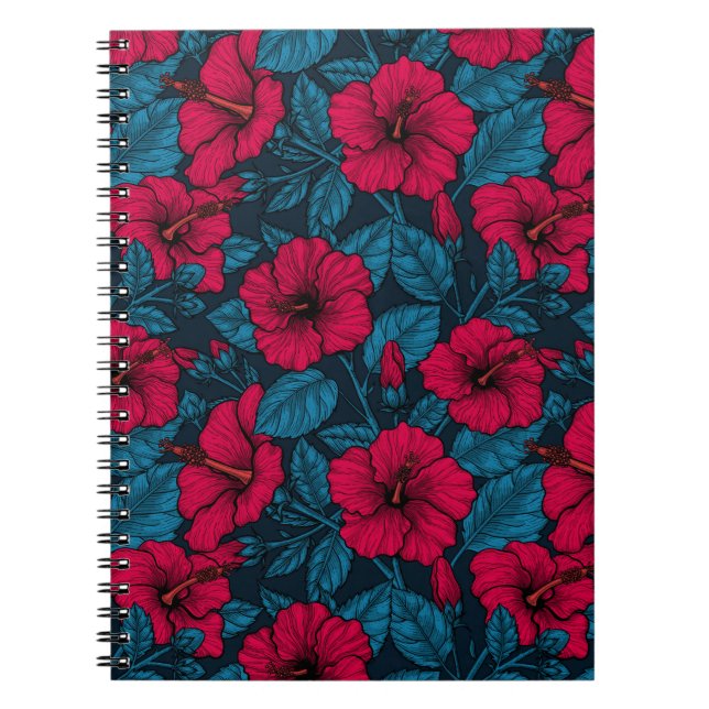 Caderno Espiral Bloco de flores de hibisco vermelho (Frente)