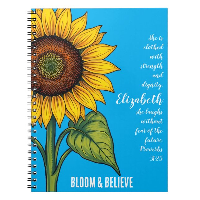 Caderno Espiral Bloom & Acredite | Notebook de girassol personaliz (Frente)