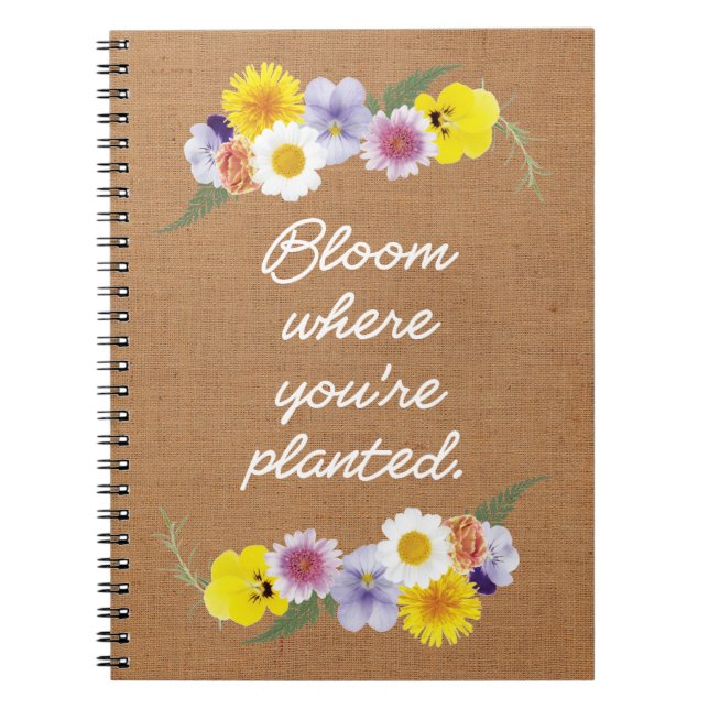 Caderno Espiral Bloom onde você está plantado (burlap) (Frente)