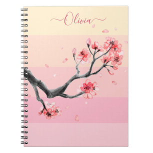 Caderno Espiral Bloqueio cor-de-rosa com flor de cereja